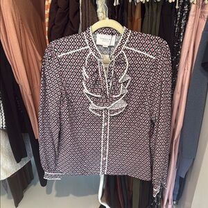 The Shirt by Rochelle Behrens Red and Navy Printed Ruffled Long Sleeve Blouse